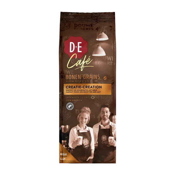Foto van de voorkant van de Douwe Egberts Café creatie koffiebonen.