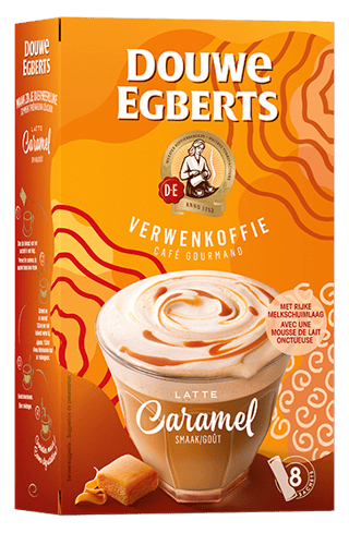 de oploskoffie latte caramel side