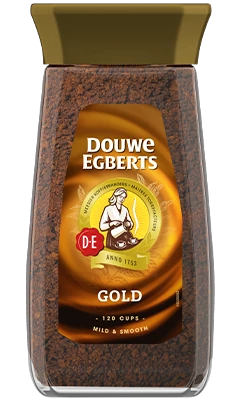 Gouden verpakking van de Douwe Egberts Gold oploskoffie