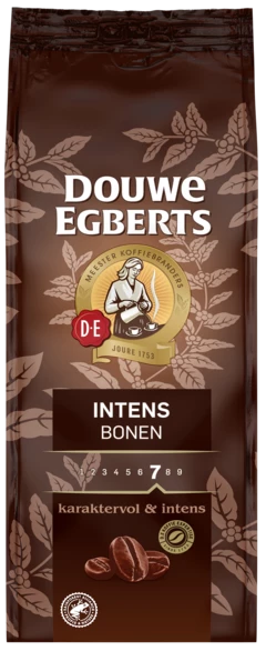 Bruine verpakking van de Douwe Egberts intens koffiebonen.