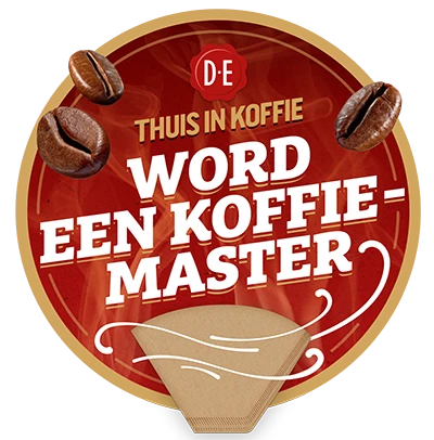 Logo op de Douwe Egberts website met de tekst: 'Thuis in koffie, word een koffiemaster'.