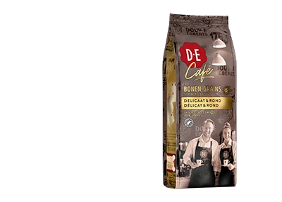 Verpakking van de Douwe Egberts delicaat rond koffiebonen
