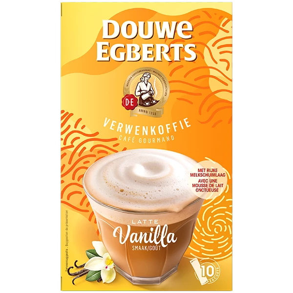Gele verpakking van de Douwe Egberts Vanilla Verwenkoffie.