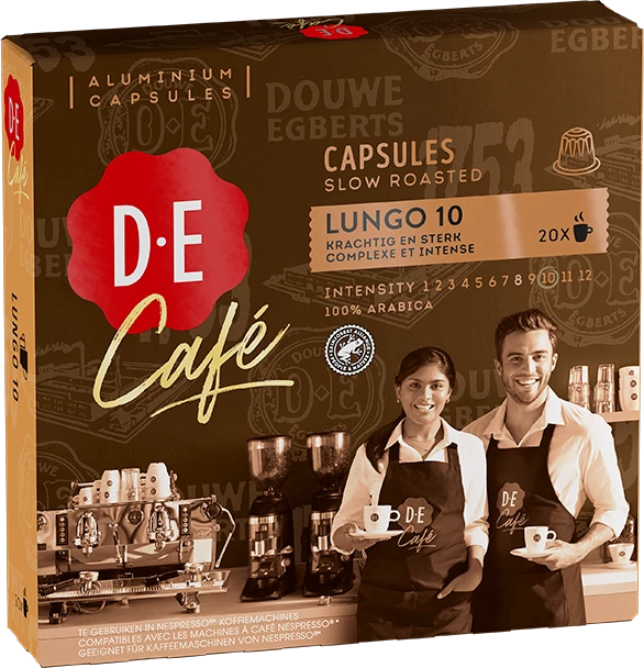 D.E Café Lungo 10 is een krachtige en volle melange met karaktervolle aroma's en tonen van donkere chocolade. 