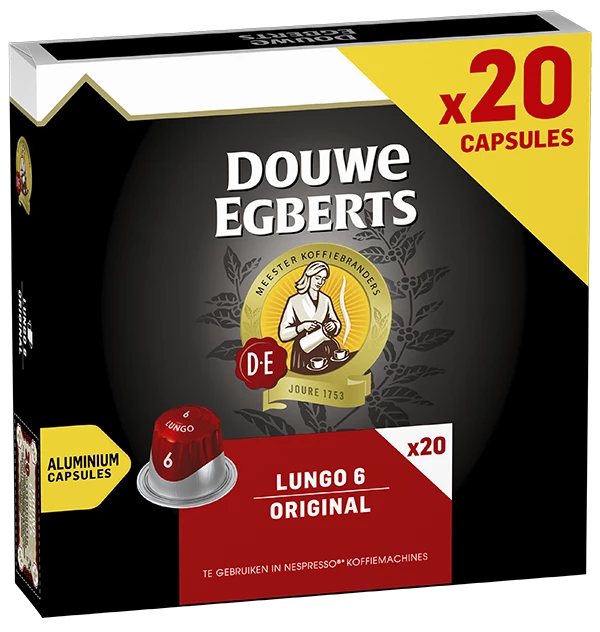 Verpakking van Douwe Egberts capsules lungo original