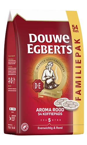 Het Aroma rood koffiepads familiepak van Douwe Egberts. 