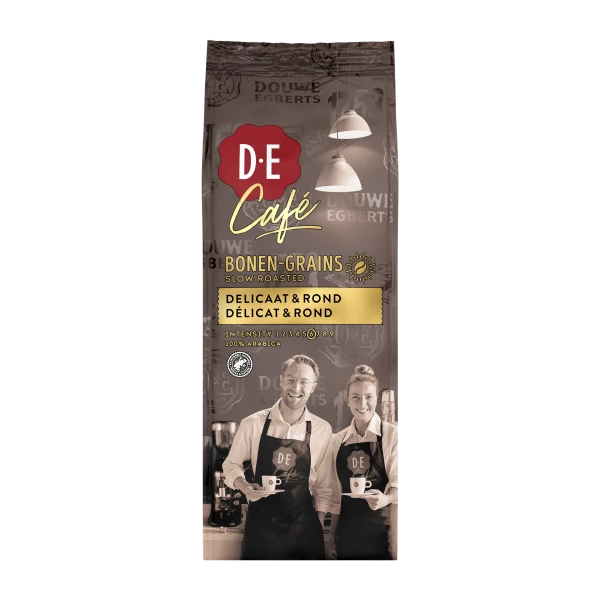 Voorkant verpakking van de Douwe Egberts Café delicaat & rond koffiebonen