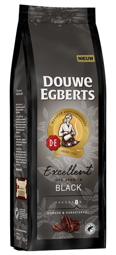 Verpakking van de Douwe Egberts Excellent Black koffiebonen.