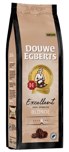 Verpakking van de Douwe Egberts Excellent Blonde koffiebonen.