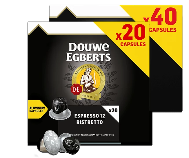 Douwe Egberts espresso capsules in een pak van 20 stuks en in een pak van 40 stuks.