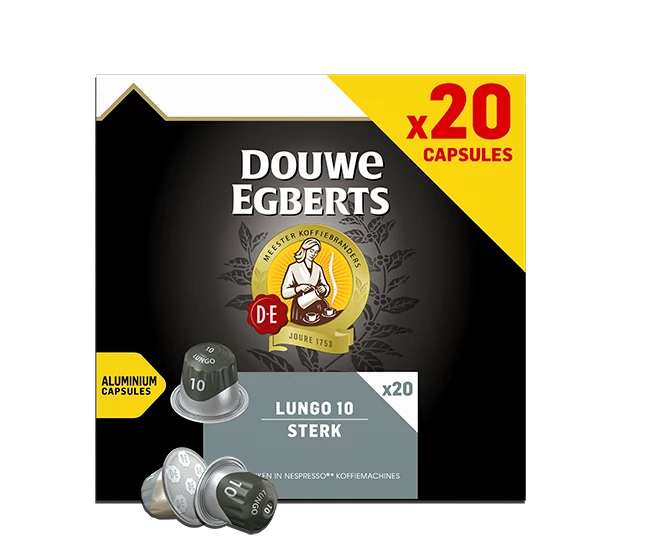 20 capsules van Douwe Egberts lungo 10, verpakt in een zwarte verpakking.