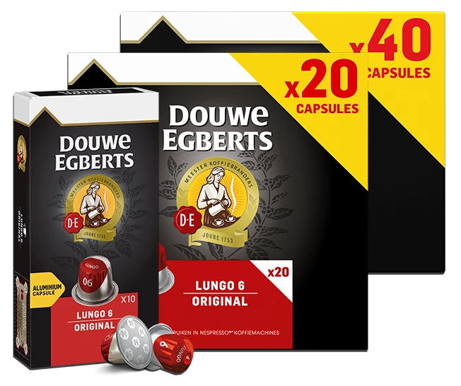 Verschillende verpakkingen van Douwe Egberts lungo 6 capsules, afgebeeld in 10 stuks, 20 stuks en 40 stuks.
