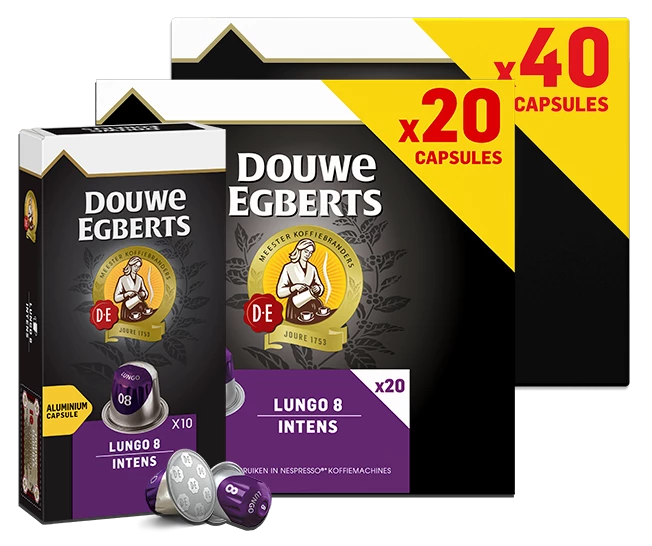 Foto met verschillende verpakkingen van Douwe Egberts lungo 8 intens koffie capsules.