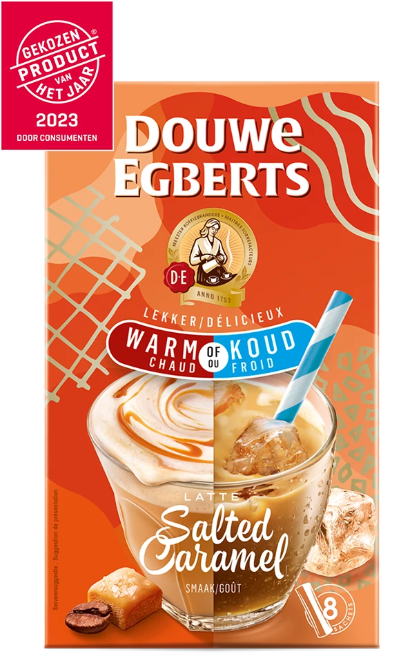 Een verpakking van de Latte Salted Caramel ijskoffie Douwe Egberts. 