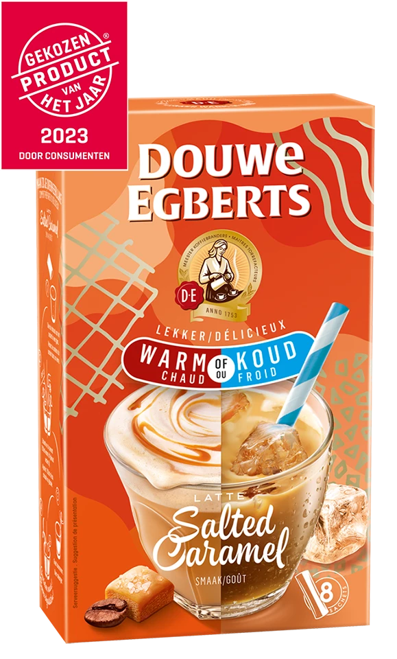 Een verpakking van de Latte Salted Caramel ijskoffie Douwe Egberts. 