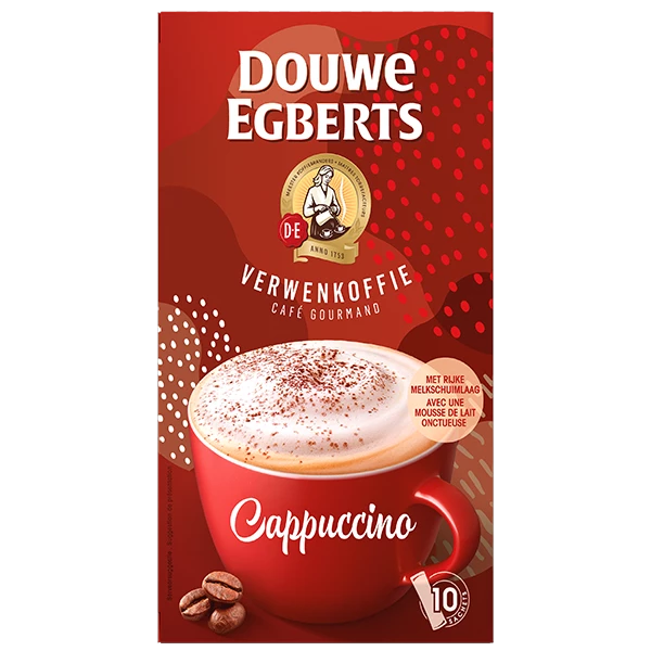 Rode Cappuccino verwenkoffie packshot van Douwe Egberts. 