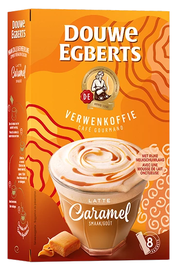 Latte caramel afbeelding packshots oranje Douwe Egberts.