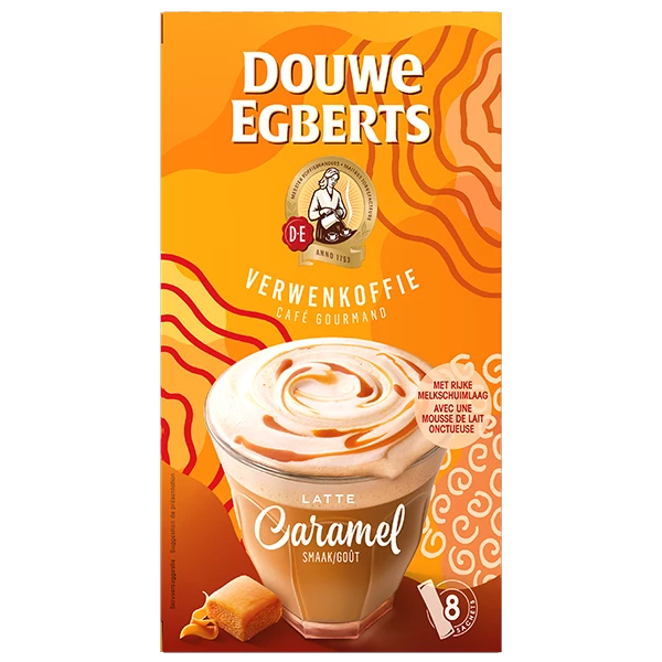 Verpakking van de Douwe Egberts latte caramel verwenkoffie.