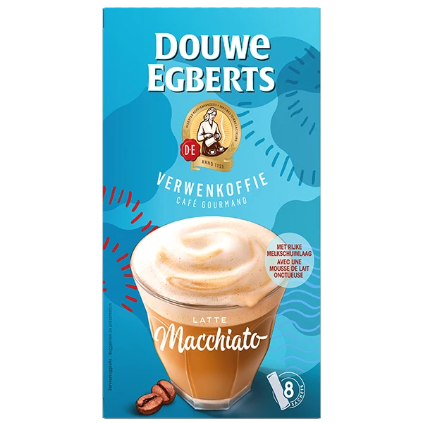 Diepblauwe verpakking van de Douwe Egberts latte macchiato verwenkoffie.