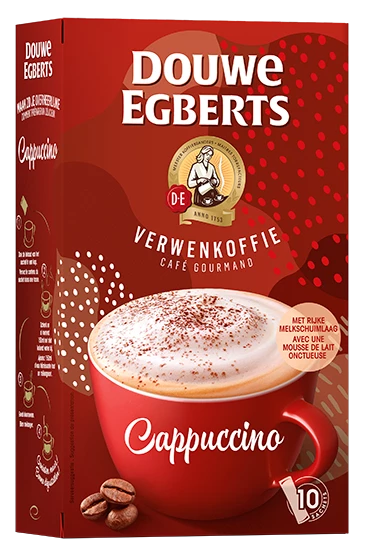 De oploskoffie cappuccino van Douwe Egberts rood