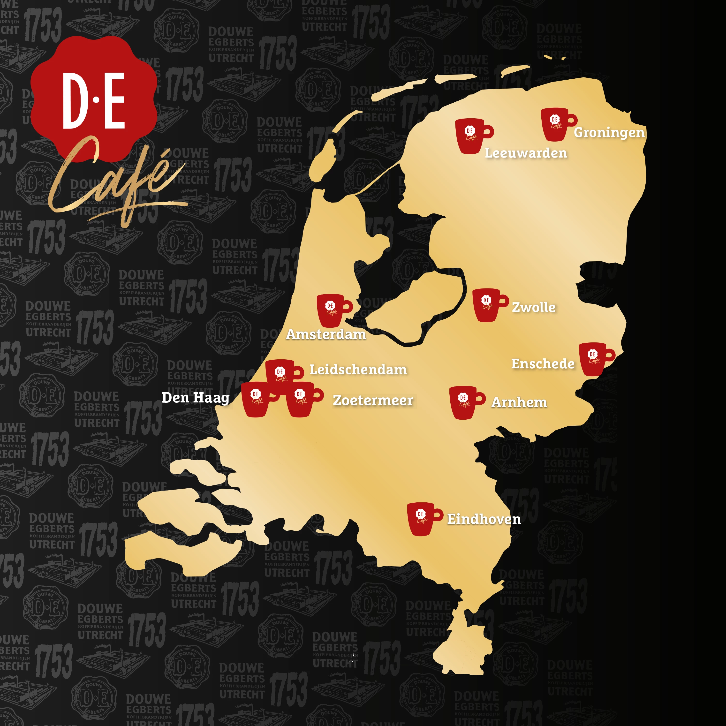 Alle Douwe Egberts Cafés, weergegeven op de Nederlandse map