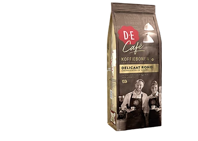 Verpakking van de Douwe Egberts Café delicaat rond koffiebonen