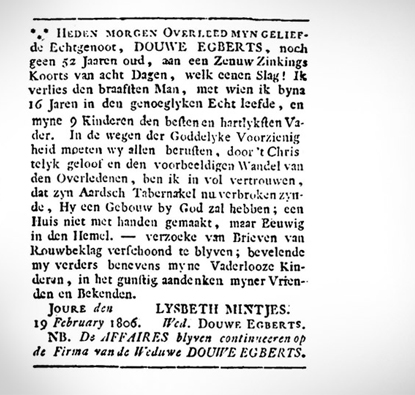 Tekstbericht uit een krant waarin het overlijden van Douwe Egberts aangekondigd wordt.