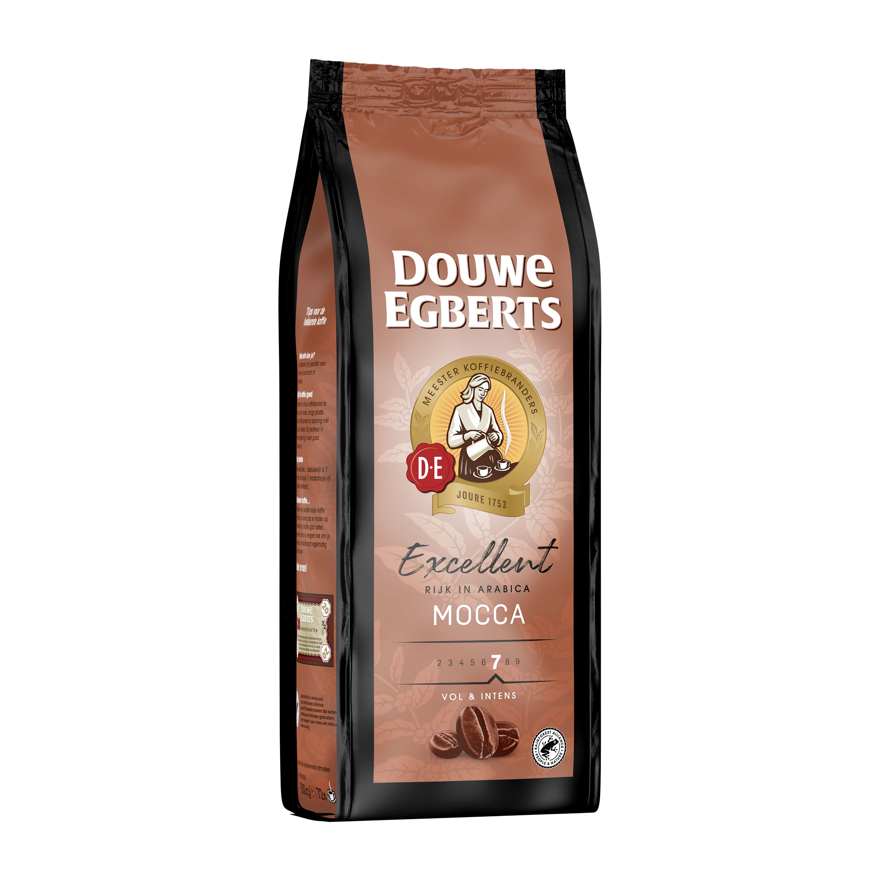 Verpakking van de Douwe Egberts Excellent mocca koffiebonen.