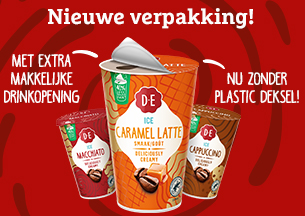 Nieuwe verpakking Douwe Egberts ijskoffie, zonder plastic.