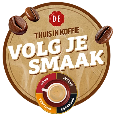 Logo op de Douwe Egberts website met de tekst: 'Volg je smaak'.